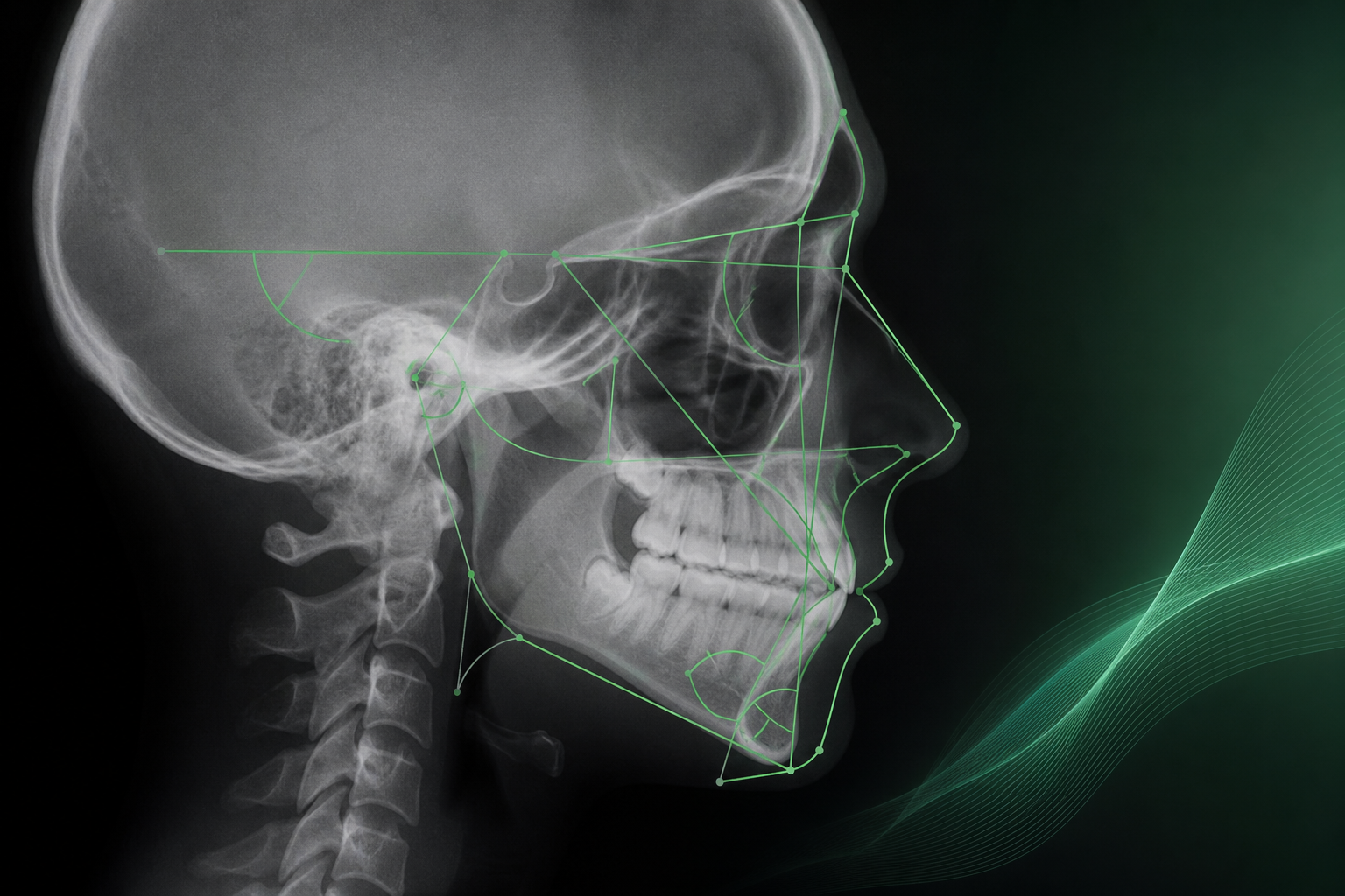 Radiografía cefálica lateral de cabeza con trazado cefalométrico para análisis ortodóncico